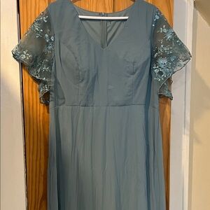 Elegant Blue Dress with Floral Sleeves